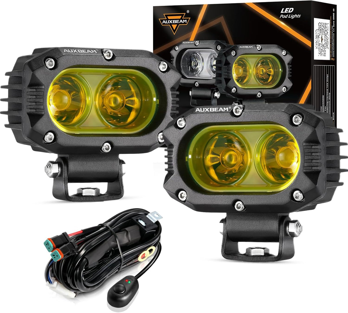 Auxbeam 4 Inch LED Amber Pod Light, 60W Driving Yellow Flood Beam Square Pod Fog Lights with DT Wiring Harness for Motorbike SUV ATV Truck Jeep Boat Tractor Forklift (2 Pcs) - Image 1