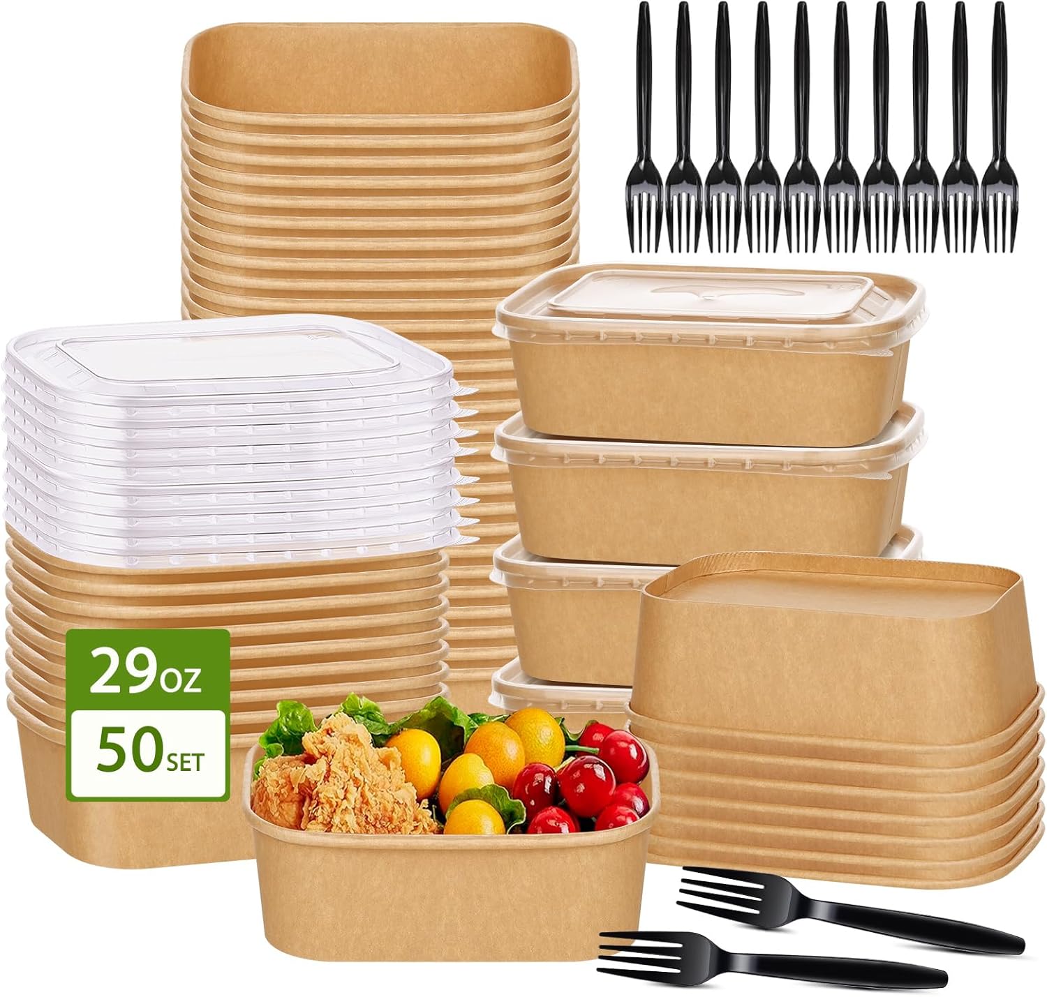 Di Qiu Ren 50 Pack 29 Fluid Ounce Disposable Kraft Paper Bowls with lids and forks