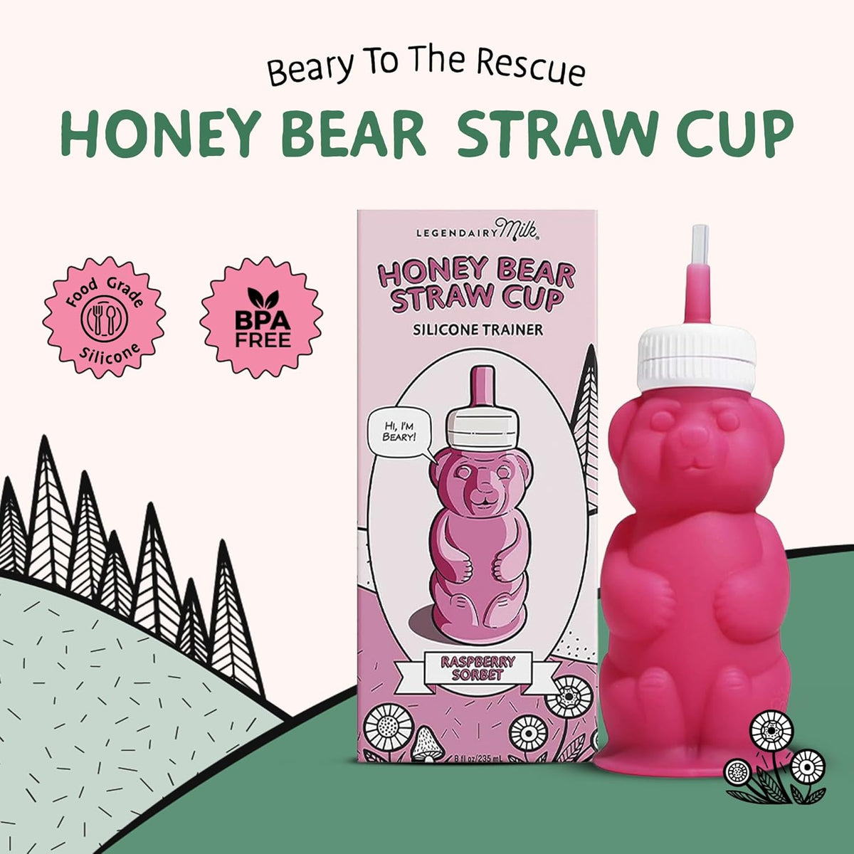 Squeezable silicone bear sippy cup with clear measurement markings on the back
