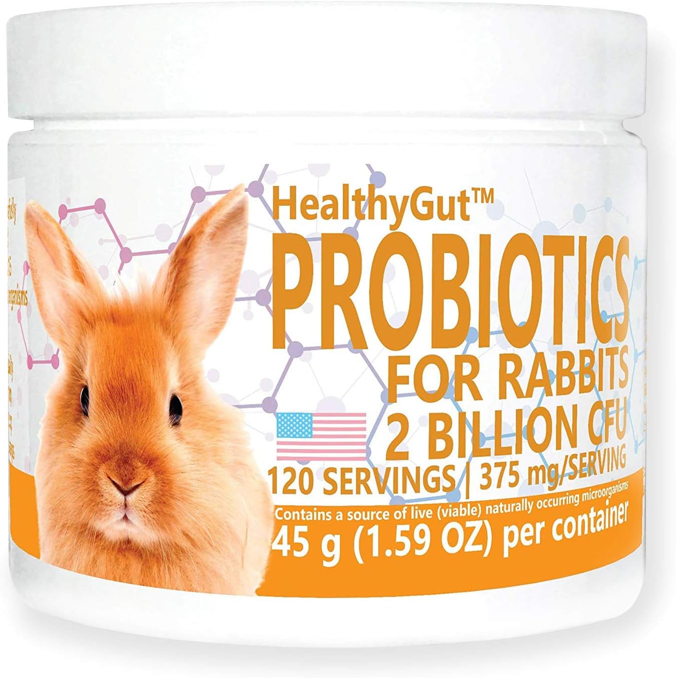 Equa Holistics HealthyGut Probiotics for Rabbits front view container for bunny digestive health.