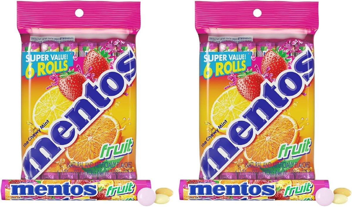 Mentos Fruit Chewy Mint Candy Roll bundle showing the individual 14 piece roll design.