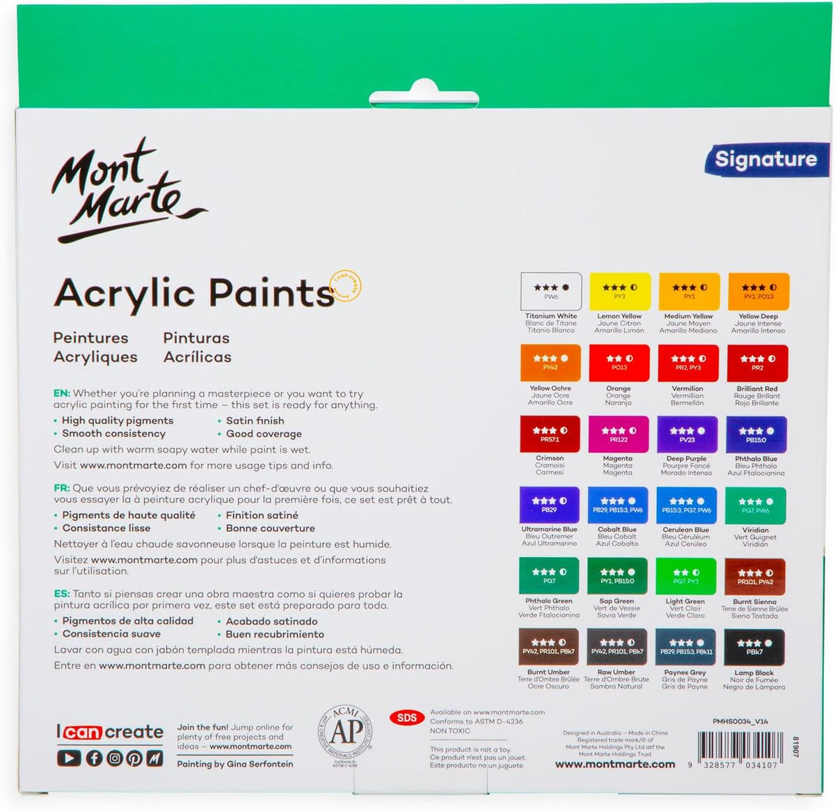 Mont Marte Acrylic Paint Set 24 Colours 12ml, Perfect for Canvas, Wood, Fabric, Leather, Cardboard, Paper, MDF and Crafts (24 Bright Colours 12 ML, 1 PACK) - Image 9