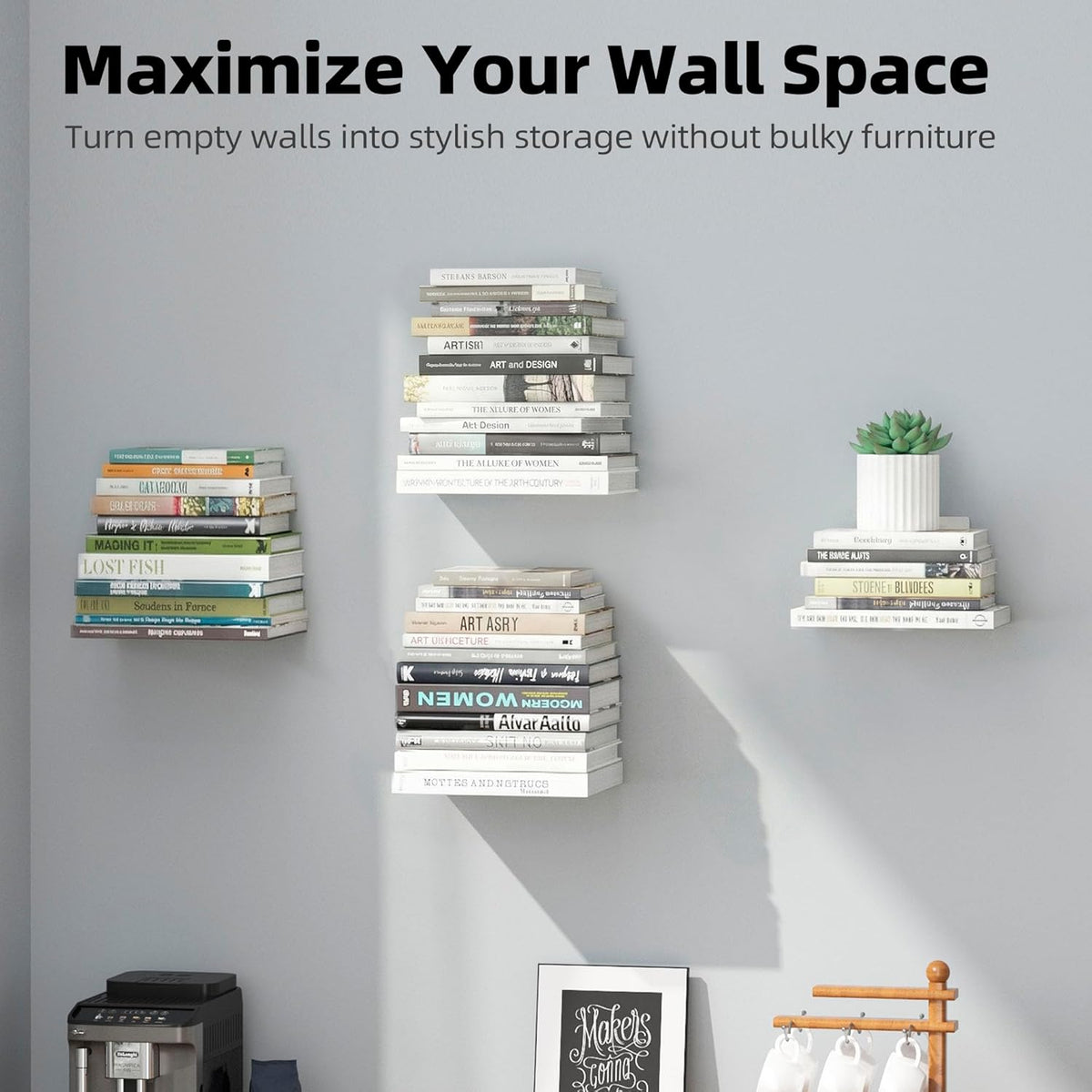 Storage Maniac white metal floating shelf packaging contents