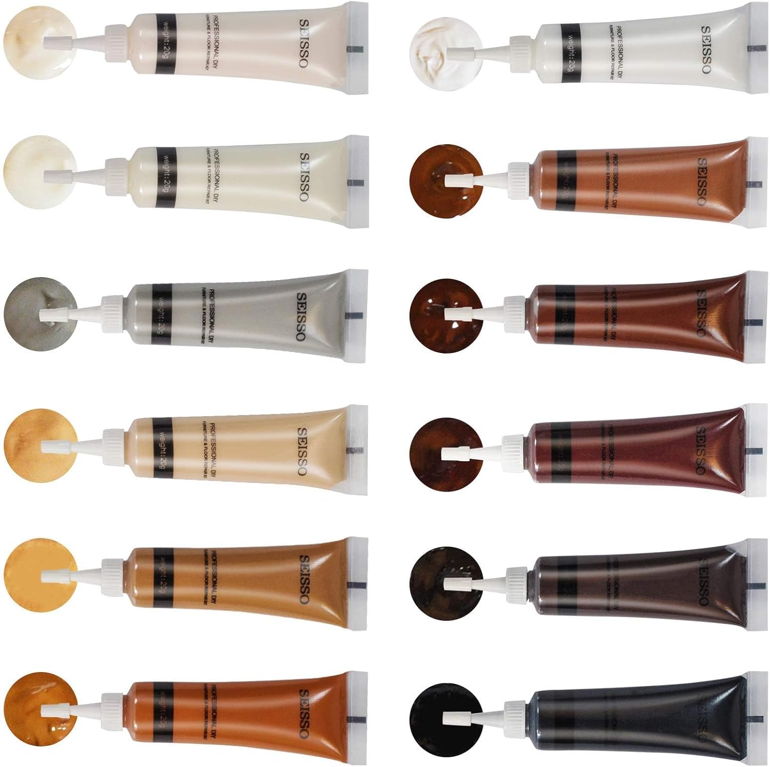 SEISSO Wood Repair Kit front view 12 color resin tubes for furniture restoration.