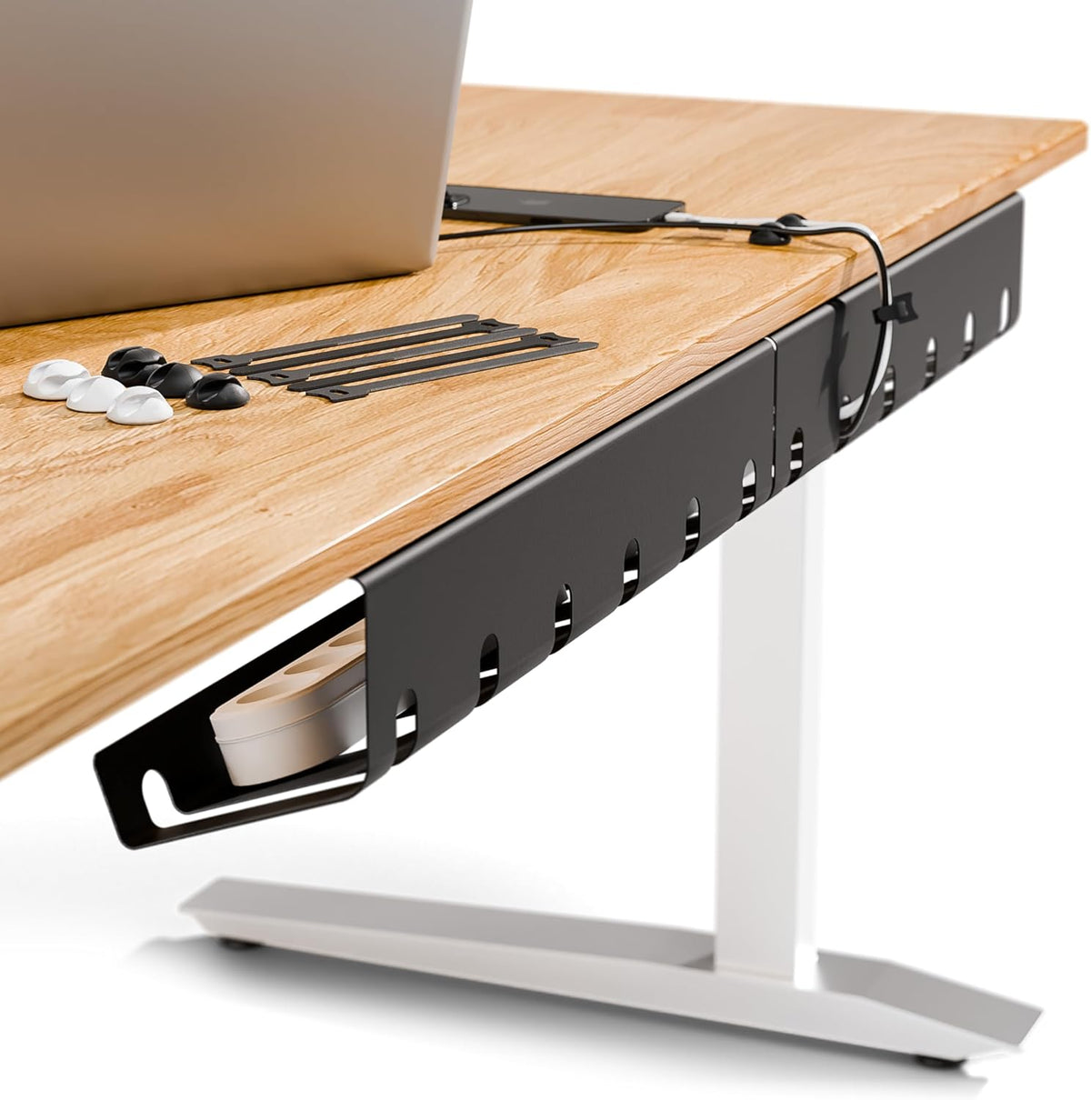 PAMO Cable Management Under Desk tray organizer front view showing alloy steel structure.