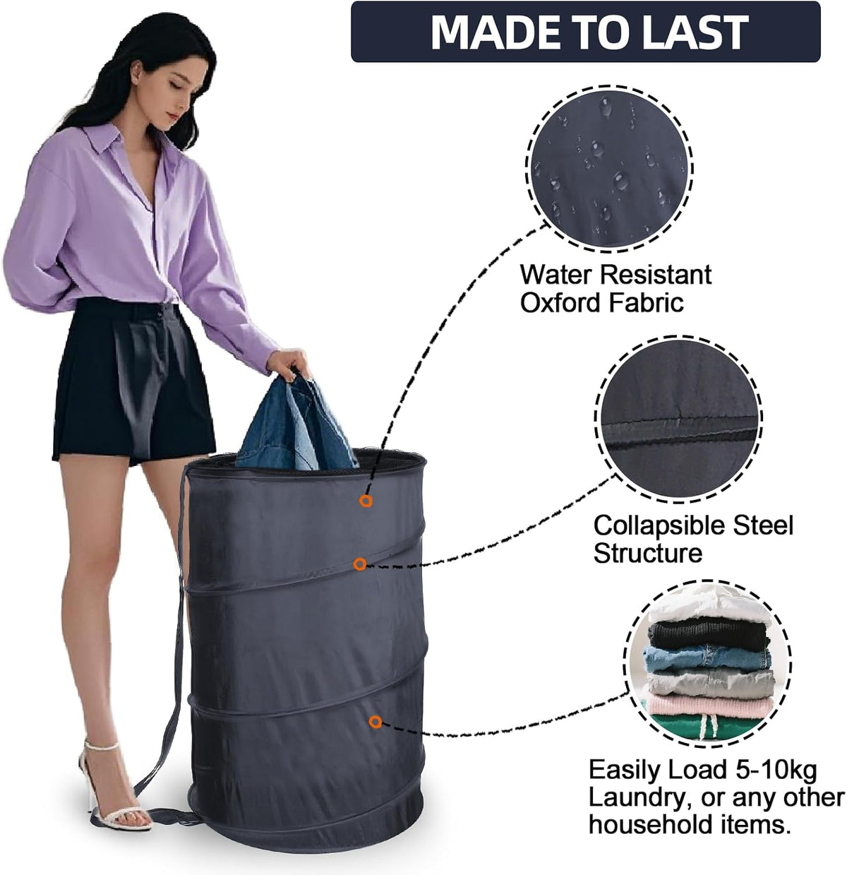Battoo fabric laundry basket filled with clothes in a modern bathroom