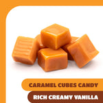 Close up shot of a single unwrapped soft golden caramel candy cube highlighting its dense texture