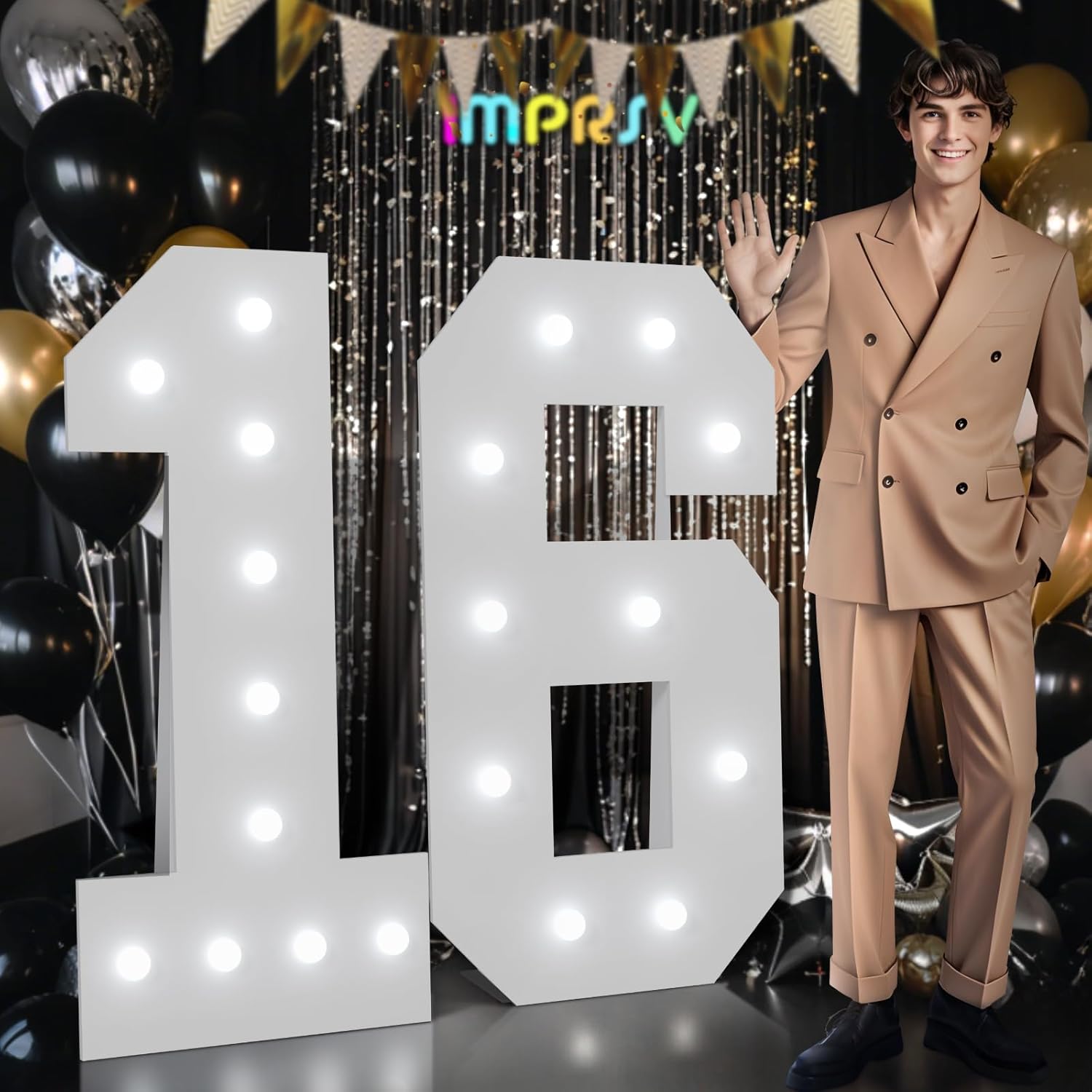 Imprsv marquee number sixteen four feet party decoration front view featuring glowing led bulbs