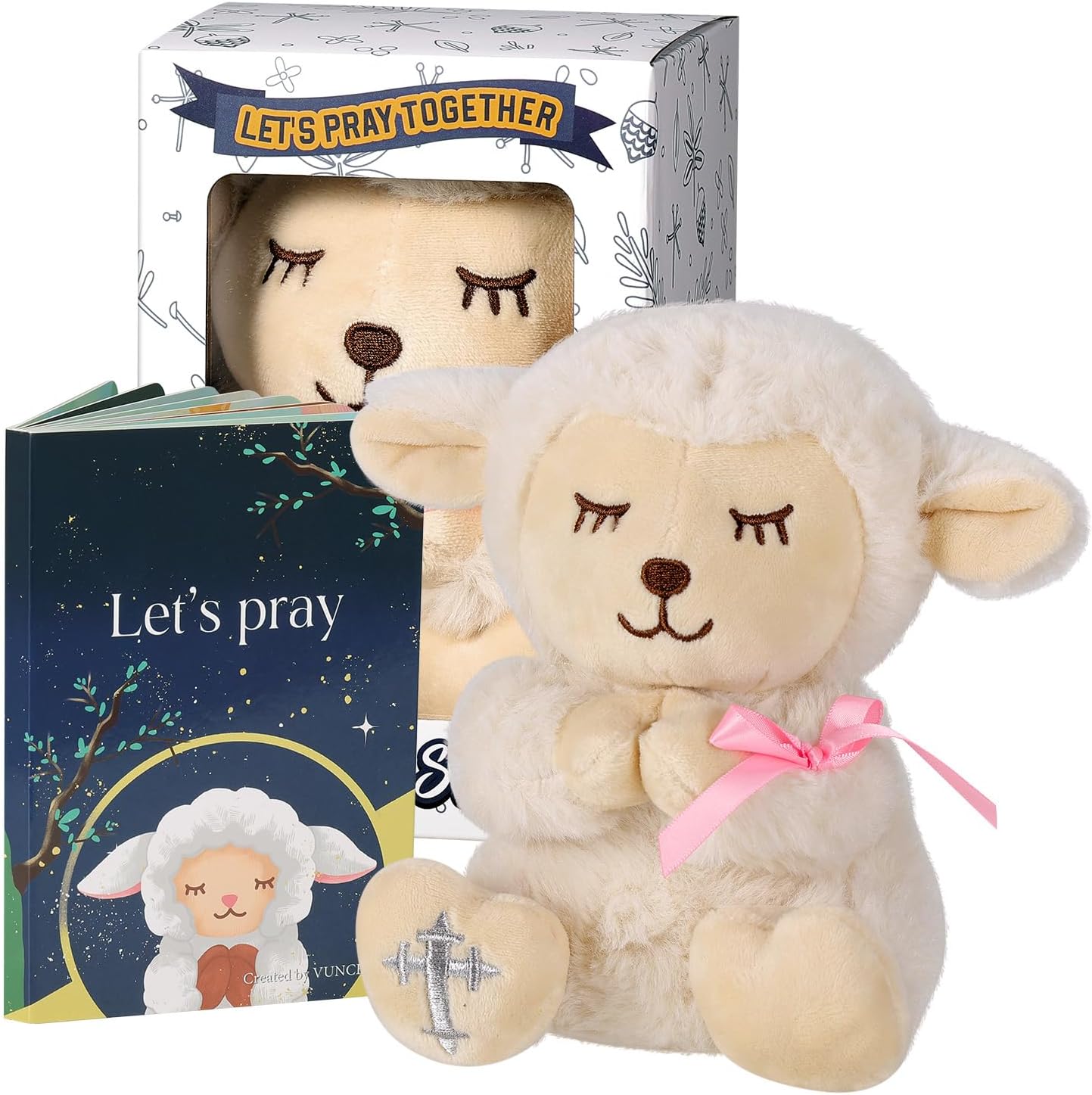 VUNCESSIN baptism gifts for baby girls set front view showcasing plush lamb and pray book