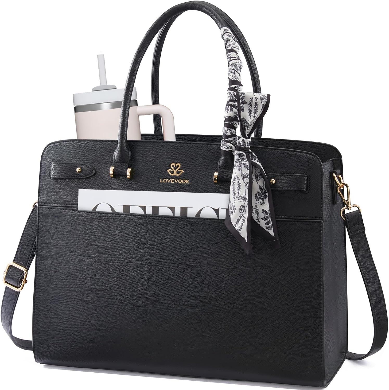 LOVEVOOK laptop tote bag for women front view in black premium polyurethane leather.