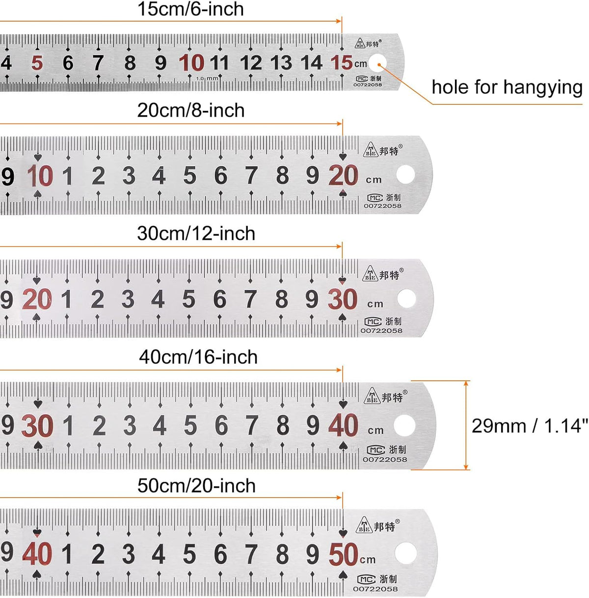 Harfington stainless steel rulers showing close-up of etched metric and imperial dual scales