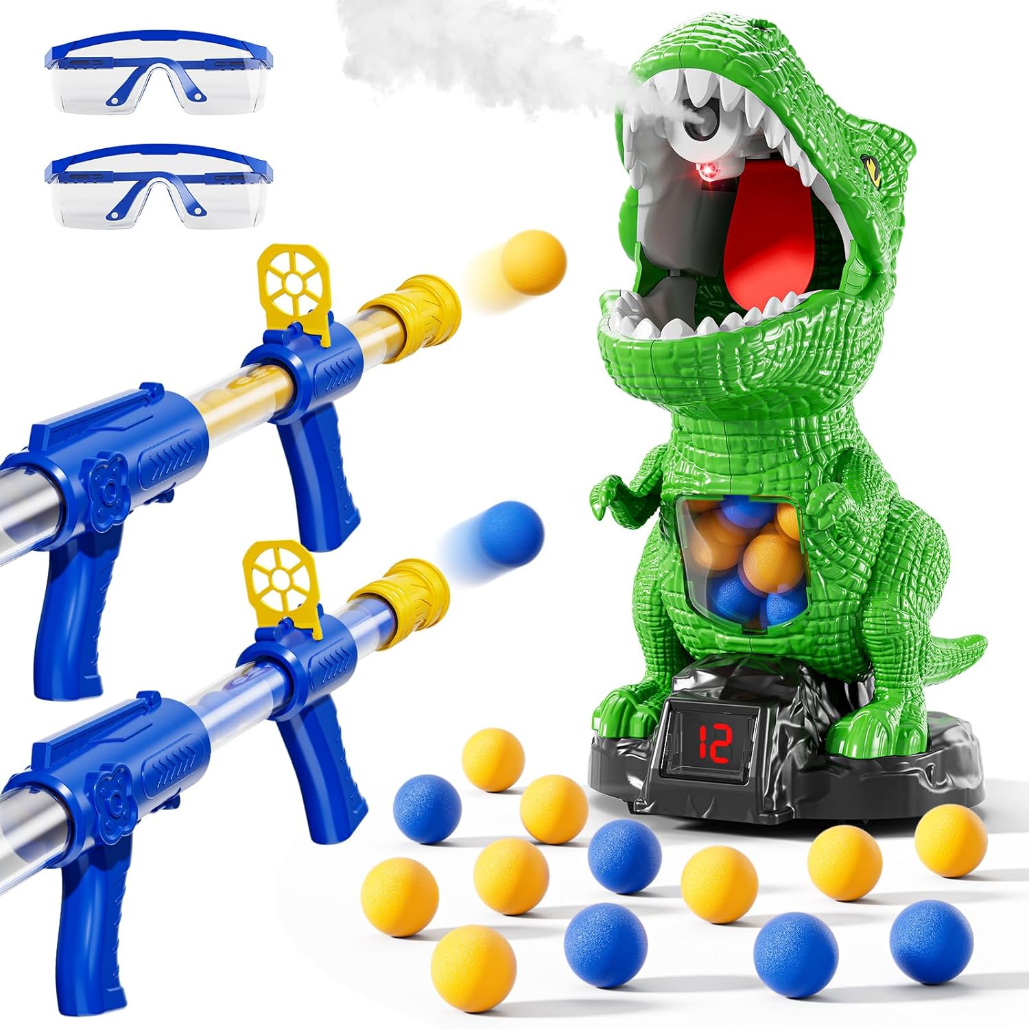 Niplooow dinosaur shooting toy with movable target and foam launchers.