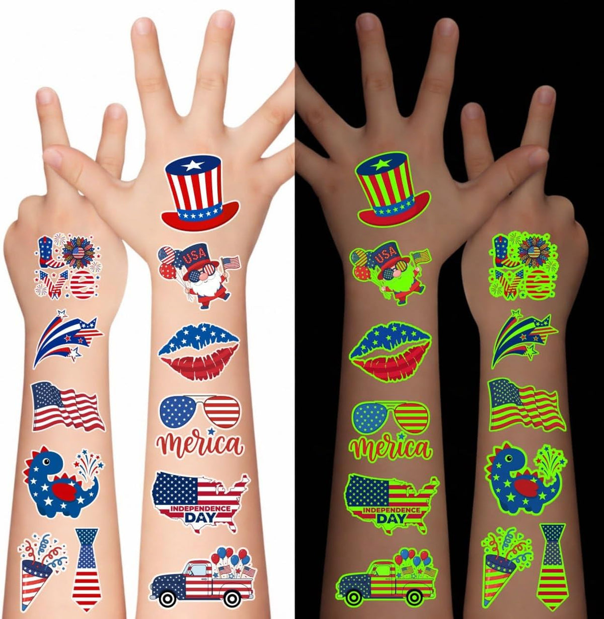 HOWAF Luminous Fourth of July Temporary Tattoos 105 Count pack front view