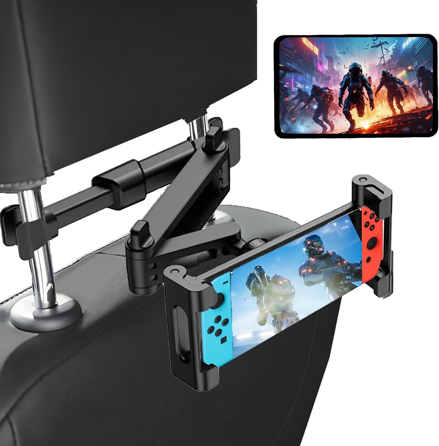 HMZXIN headrest tablet holder for car showing the adjustable extendable back seat mount from the front view.