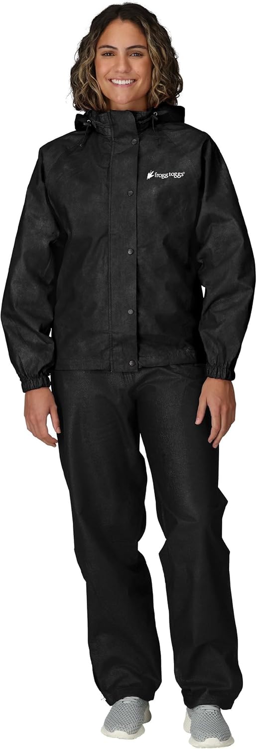Frogg Toggs Women's Classic All-Purpose Waterproof Rain Suit front view showing the full-length black jacket and matching pants.