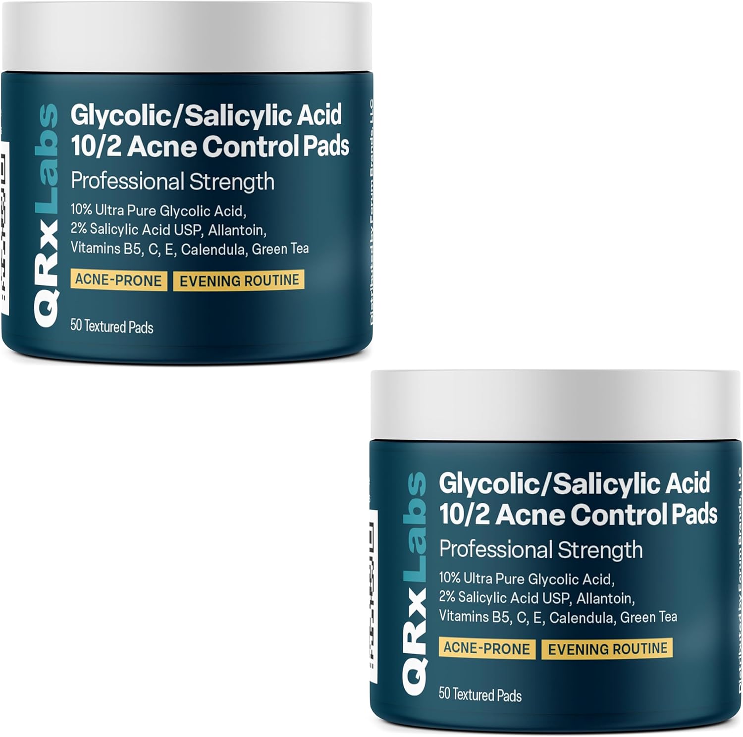 QRxLabs Glycolic/Salicylic Acid 10/2 Acne Control Pads with 10% Ultra Pure Glycolic + 2% Salicylic Acid, Allantoin, Vitamins B5, C & E, Calendula Green Tea - Most Effective Treatment Clear Skin - 2PK - Image 1