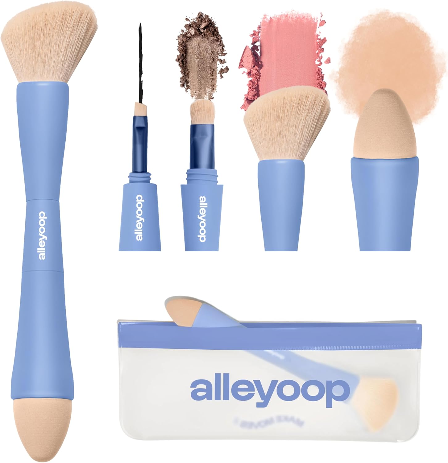 Alleyoop Multi-Tasker 4-in-1 travel makeup brush front view in signature blue color