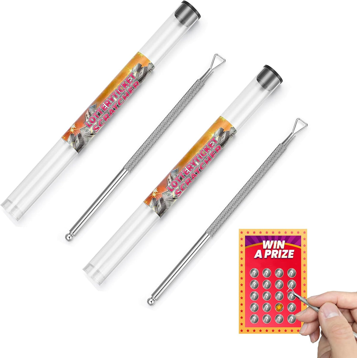 Generic Ultimate ScratchMaster front view showing the dual premium metal lottery ticket scratcher tools.