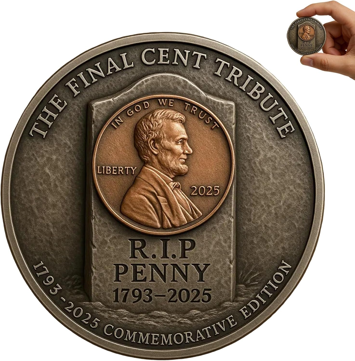 POYIPI Final Cent Memorial Coin front view showing high-relief Abraham Lincoln portrait