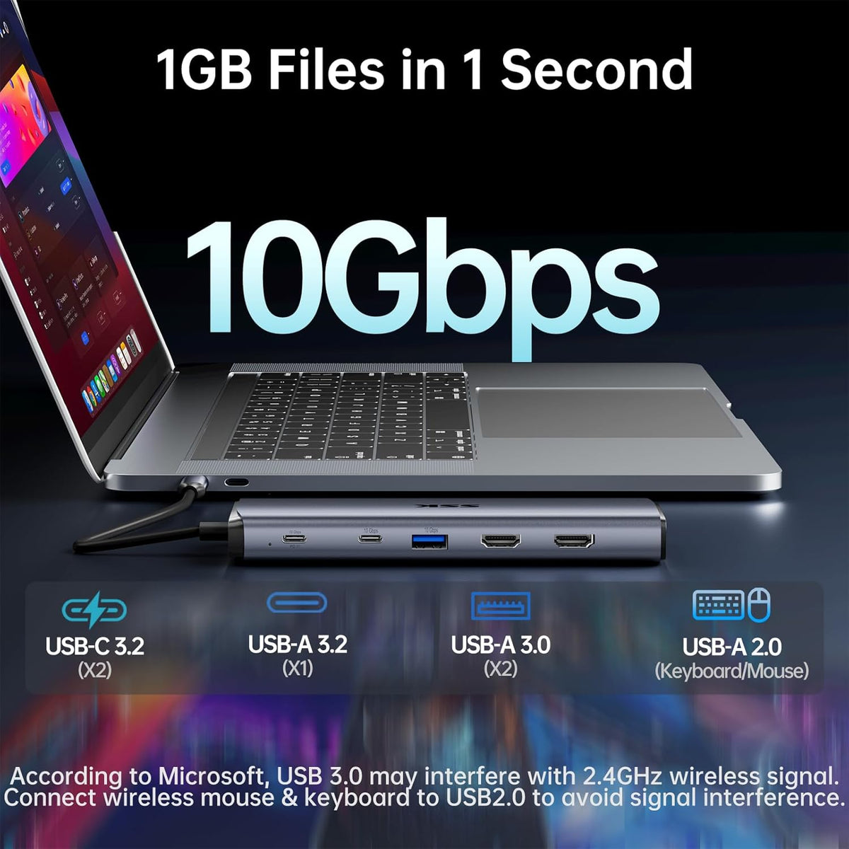 Close-up angle of SSK USB-C dock highlighting Ethernet and audio ports.