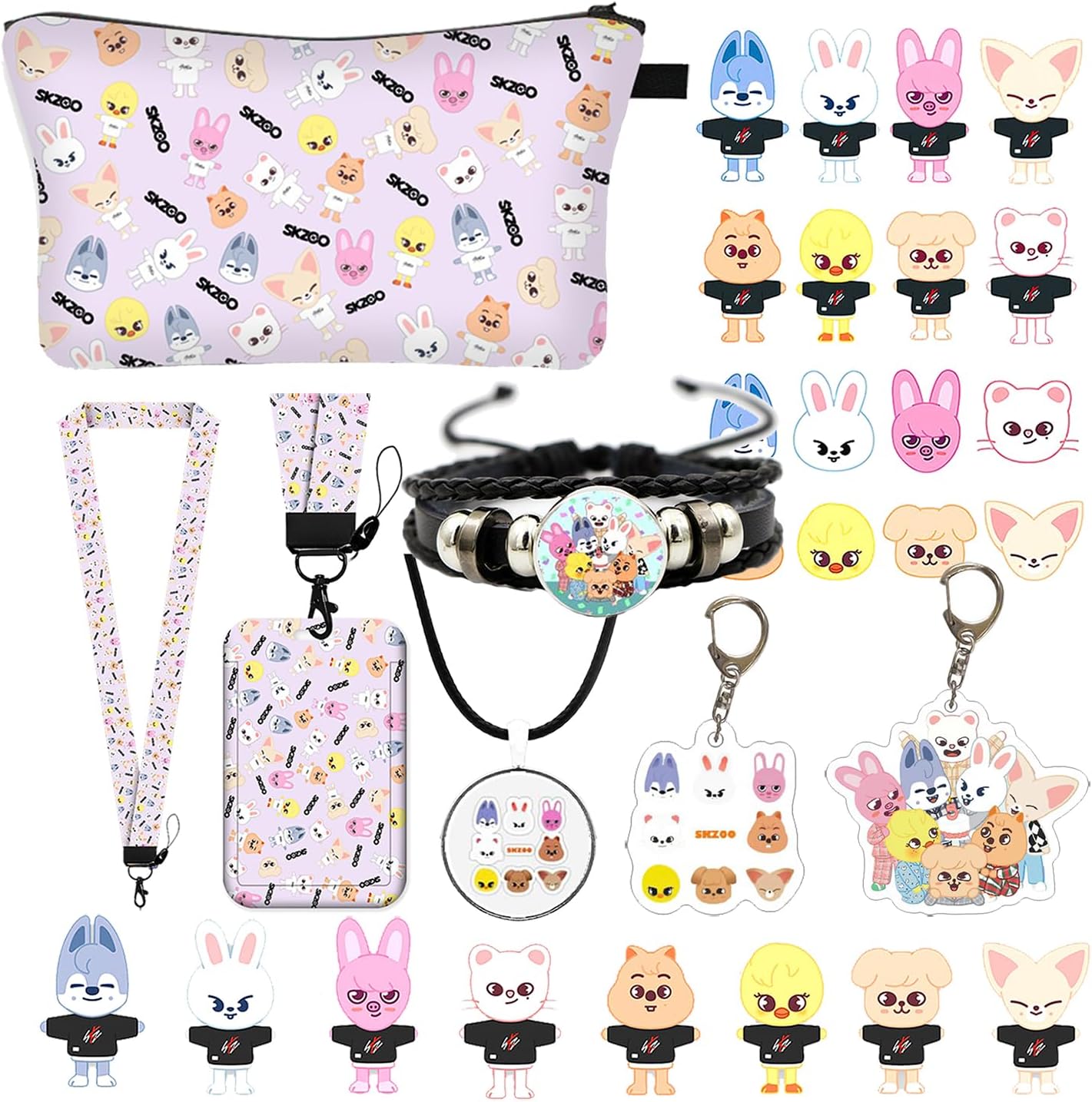 SportsLiking Stray Kids Merch Gift Set front view displaying the printed canvas makeup bag and matching themed jewelry accessories