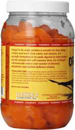 Side view of Fluker's imported gut load cricket food highlighting the ingredient list and benefits