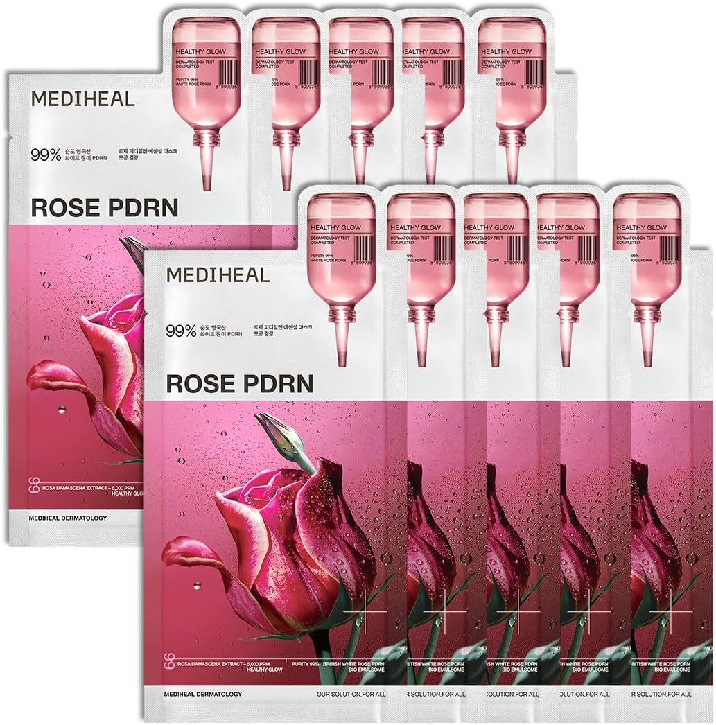 MEDIHEAL Rose PDRN Essential Face Mask 10 Pieces pack front view for glowing skin care