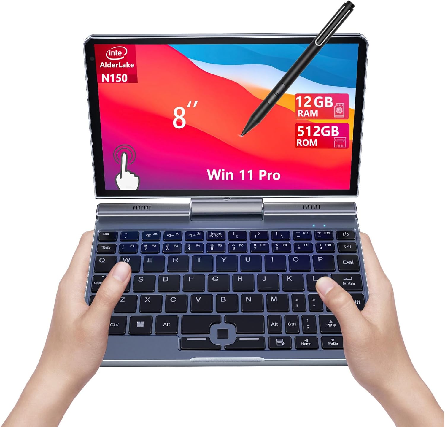 KOOFORWAY 8 Inch 2-in-1 Mini Laptop front view displaying the Windows 11 Pro desktop on the rotatable touchscreen display