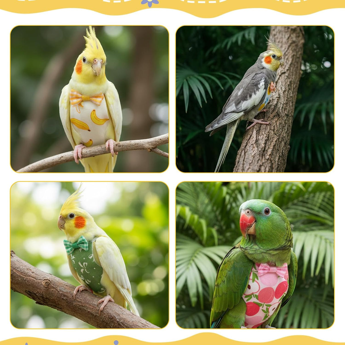 SULIKJHUI colorful parakeet diaper set displaying the neat precision stitching and bowtie detail
