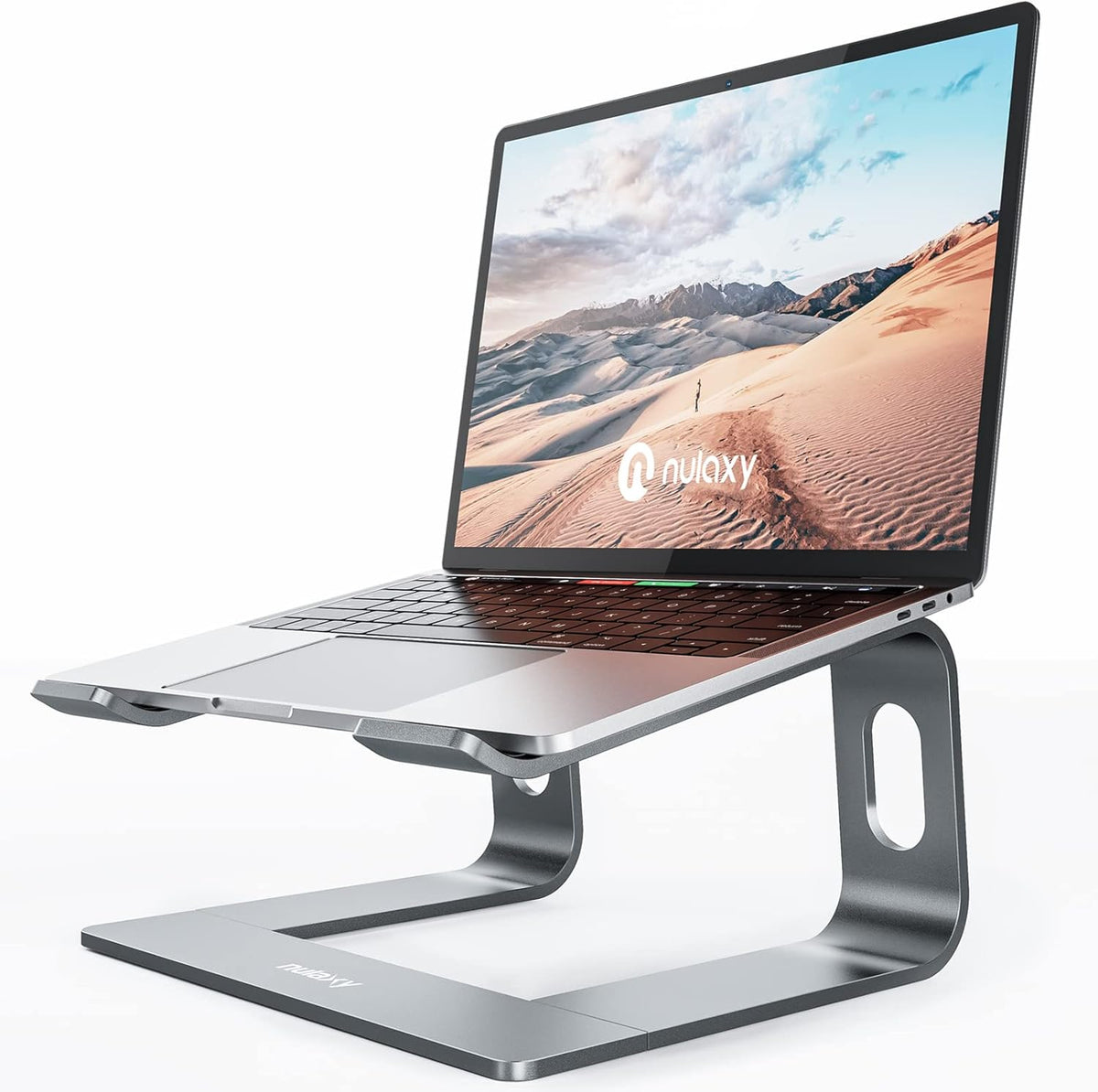 Nulaxy C3 fully aluminum detachable laptop stand in space grey front view on a clean desk workspace.