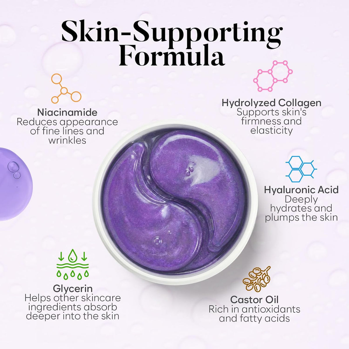 Bloomora hydrogel eye patches jar showing shimmering purple gel pads