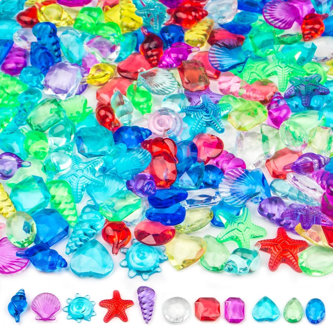 Prehalpty 180 Piece Sensory Bin Filler front view showcasing colorful acrylic gemstones and plastic seashells for kids.