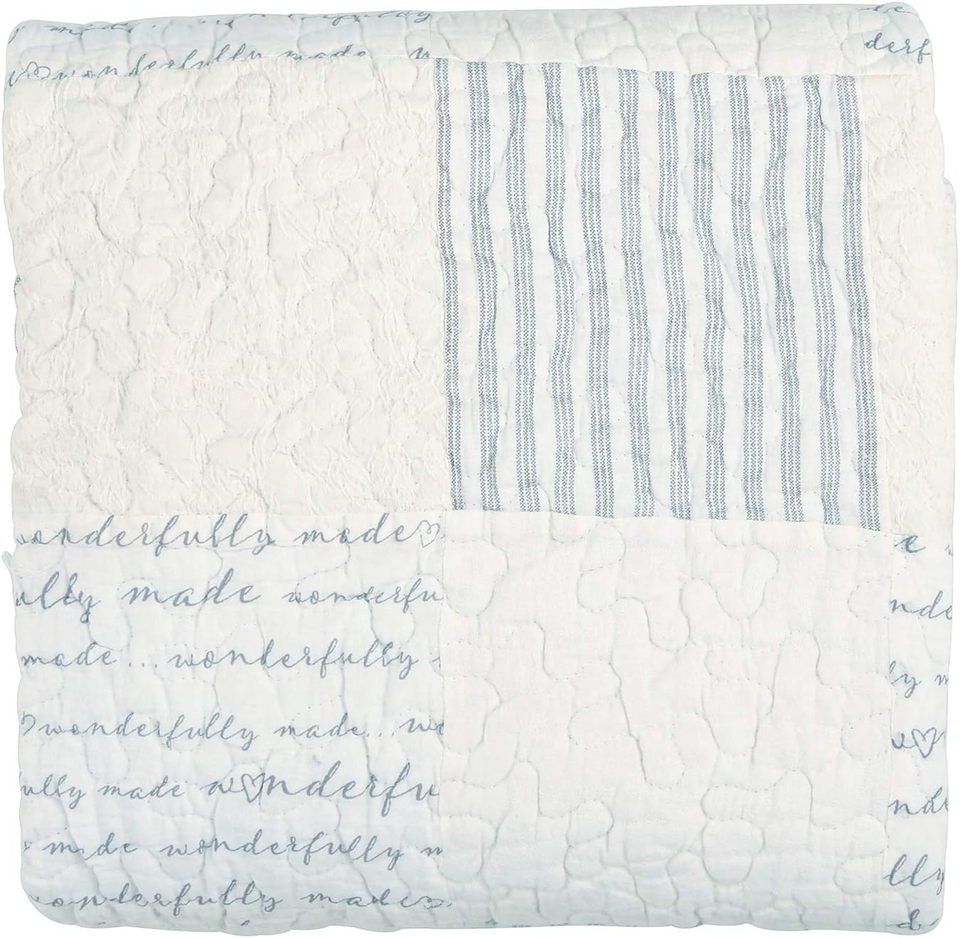 Stephan Baby Heirloom Quality Pieced Crib Quilt front view showcasing blue stripes and script squares.