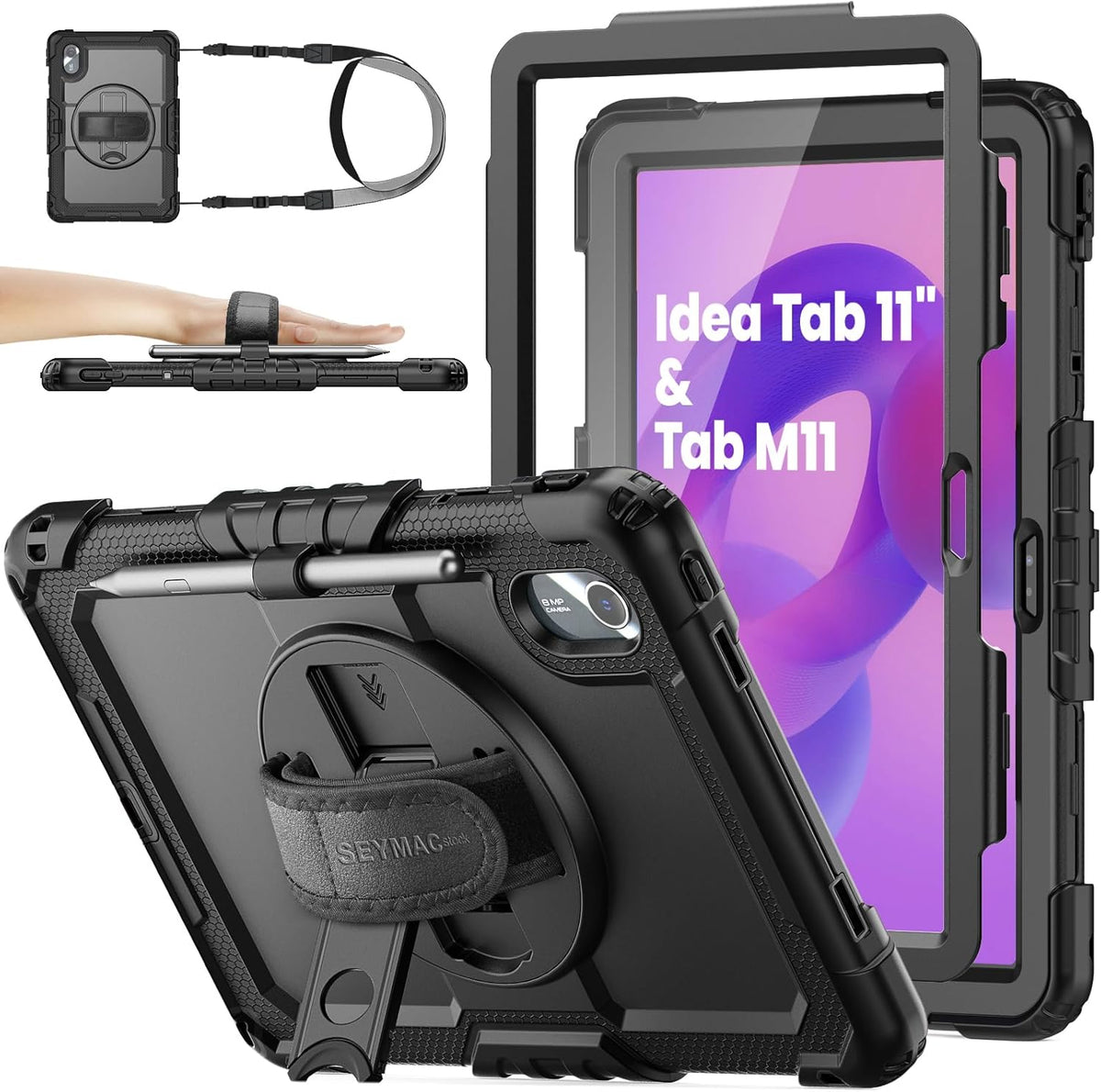 SEYMAC stock rugged tablet case for Lenovo Tab M11 front view showing built-in screen protector
