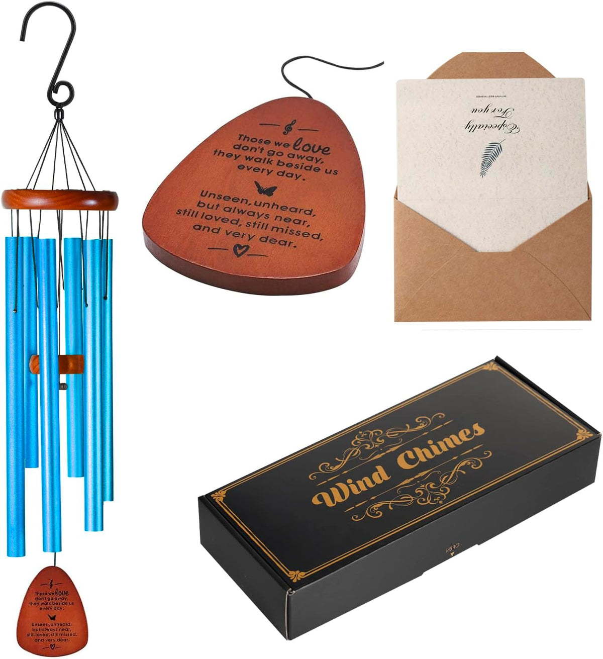 Outdoor patio display of the deep tone remembrance wind chimes.