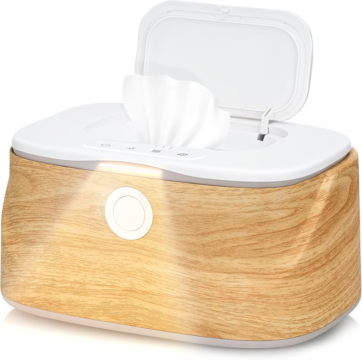 Bollepo baby wipe warmer with wood grain base and white lid front view