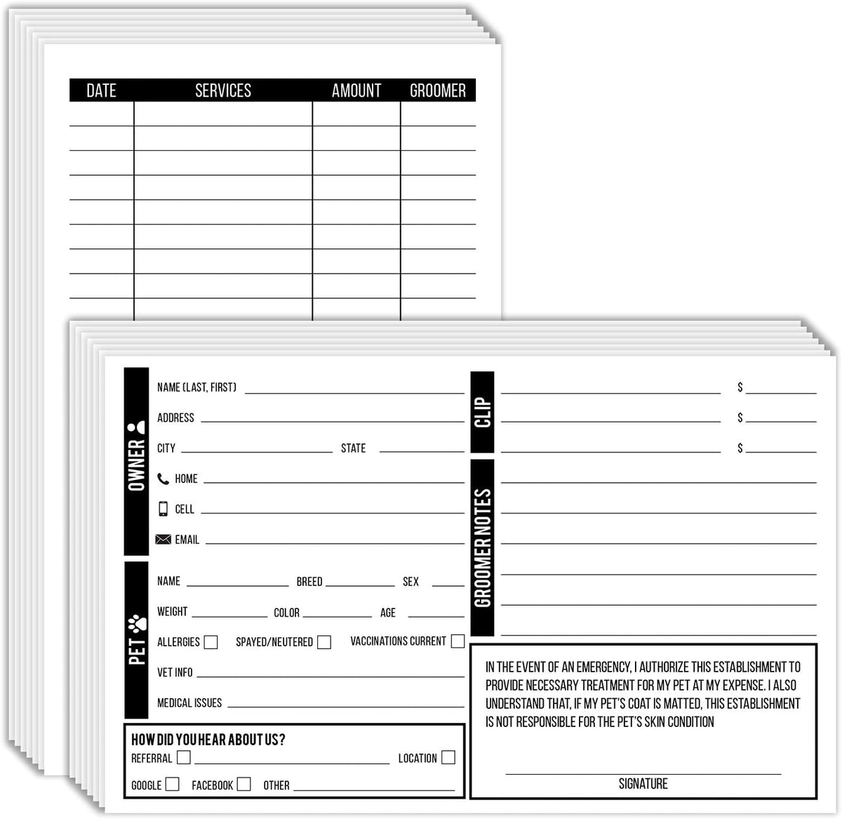 S Superfine Printing pet grooming customer information card front view