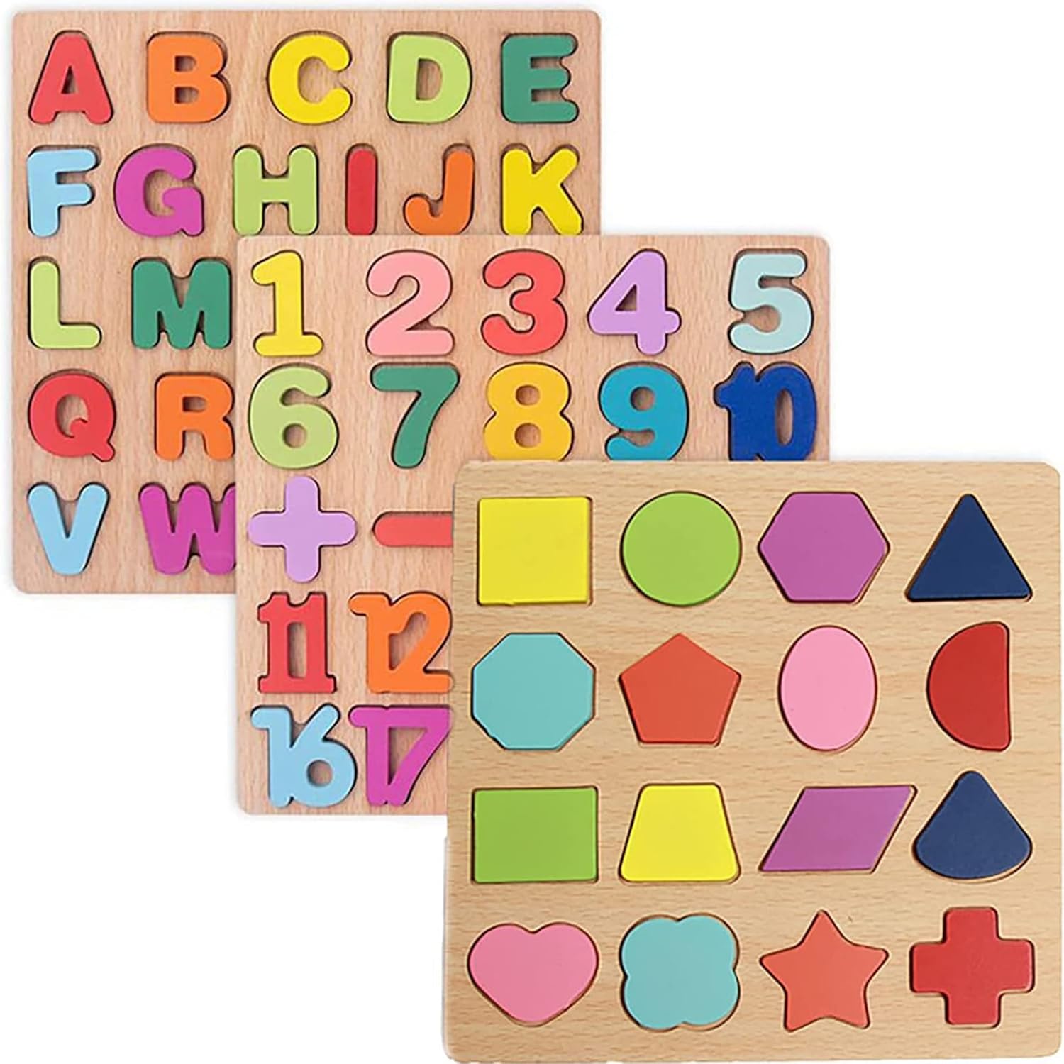 Winbar wooden puzzles for toddlers three pack front view showing alphabet number and shape boards.
