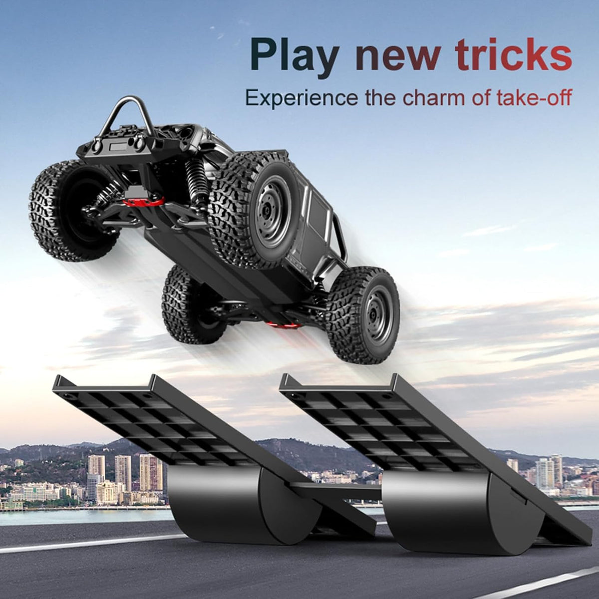 Top angle view of RC car takeoff board with directional markings.