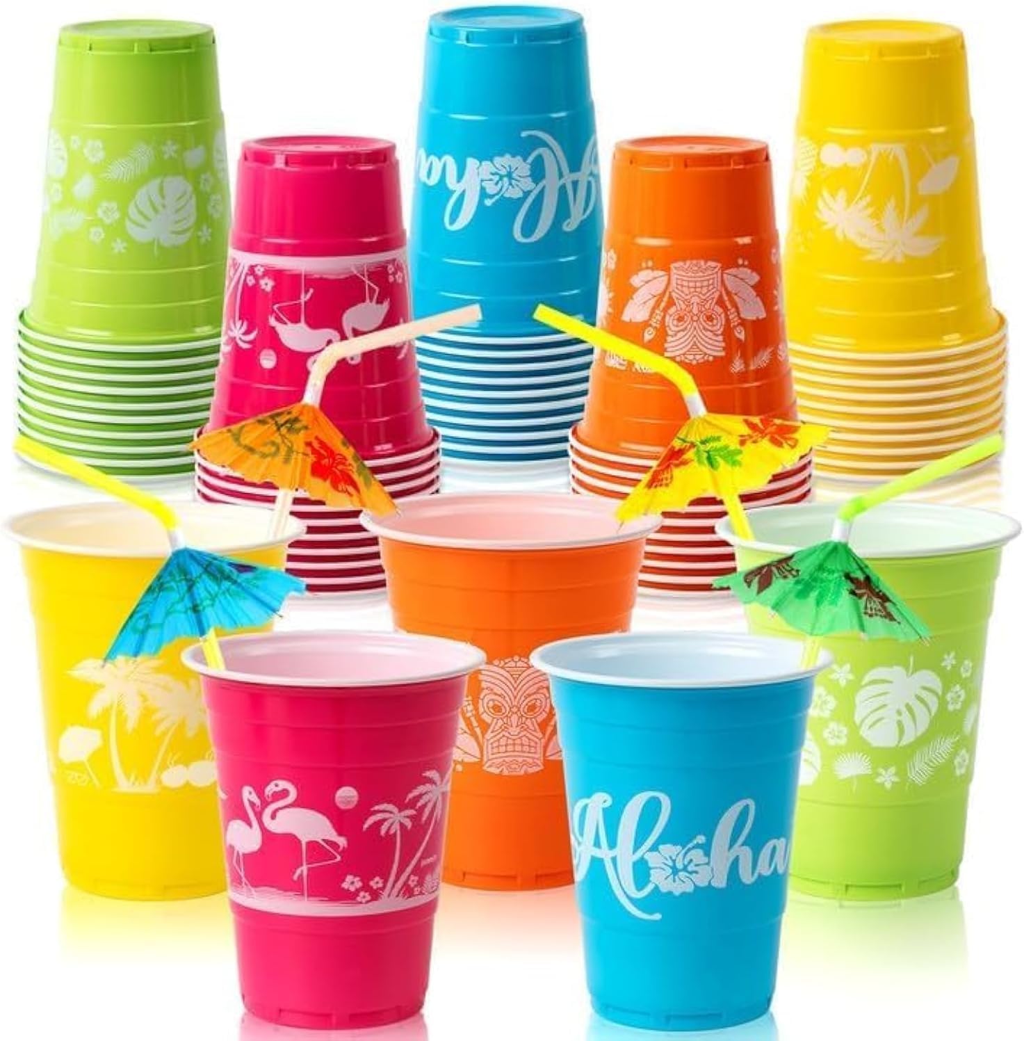 Super Z Outlet 50 Hawaiian Luau Party Cups with parasol straws front view