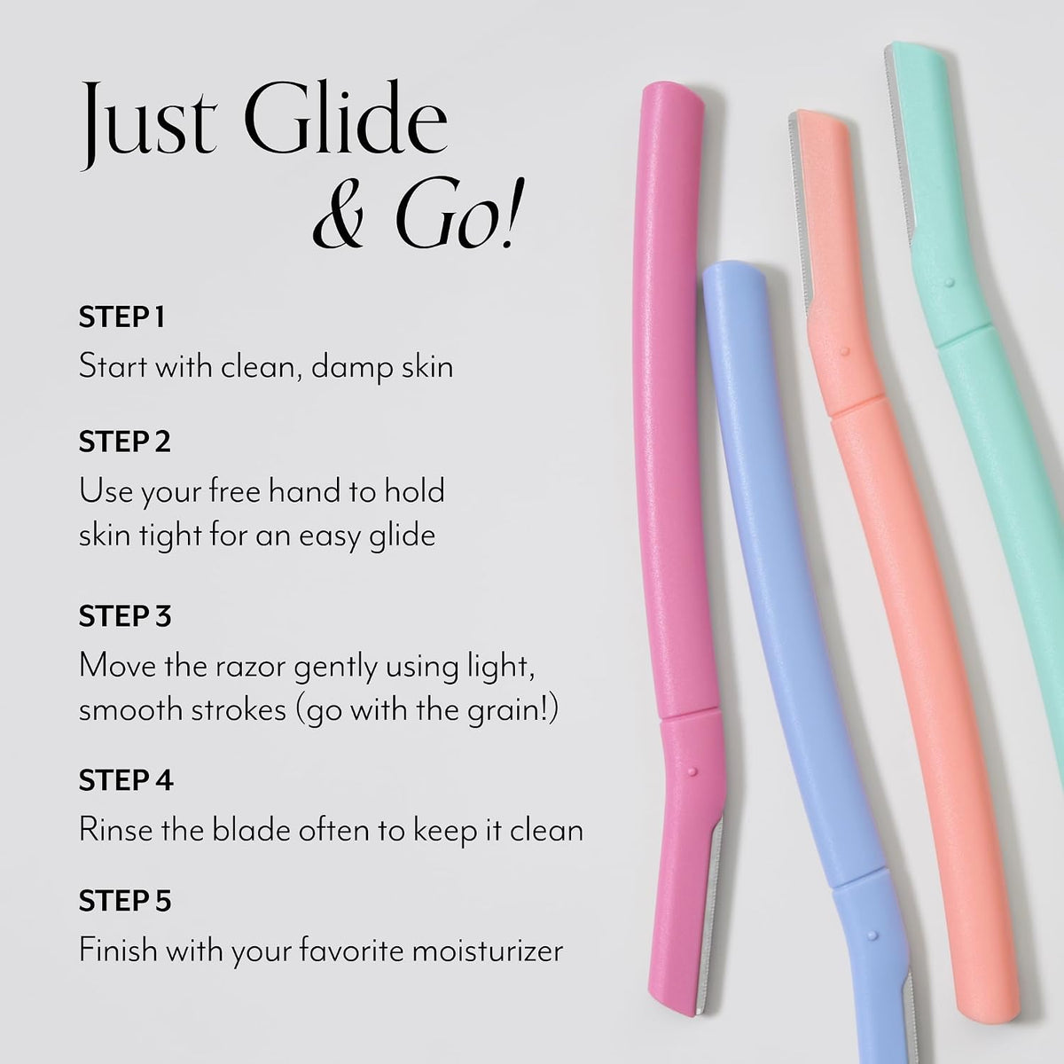 Ergonomic curved grip of the Bliss dermaplaning razor for precise eyebrow trimming and hair removal