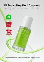 Korean skincare ampoule packaging showing noni fruit extract calming formula.