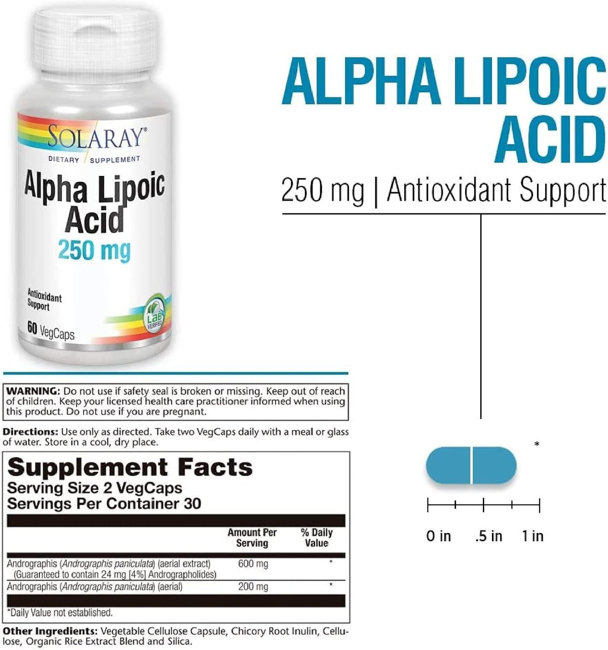 Solaray Alpha Lipoic Acid supplement facts label close up