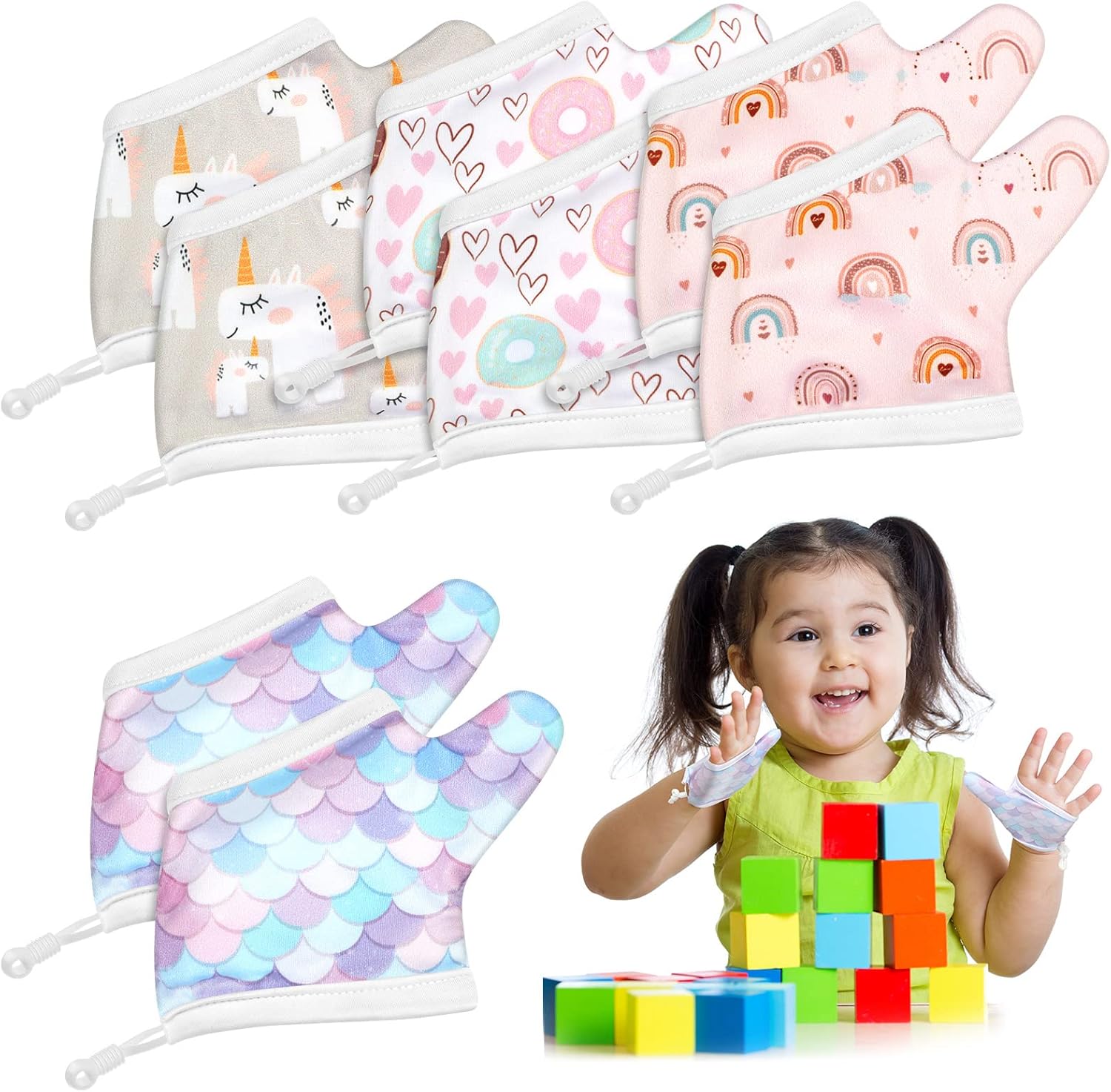 Seematn 4 pairs thumb sucking stop gloves for kids unicorn pattern front view