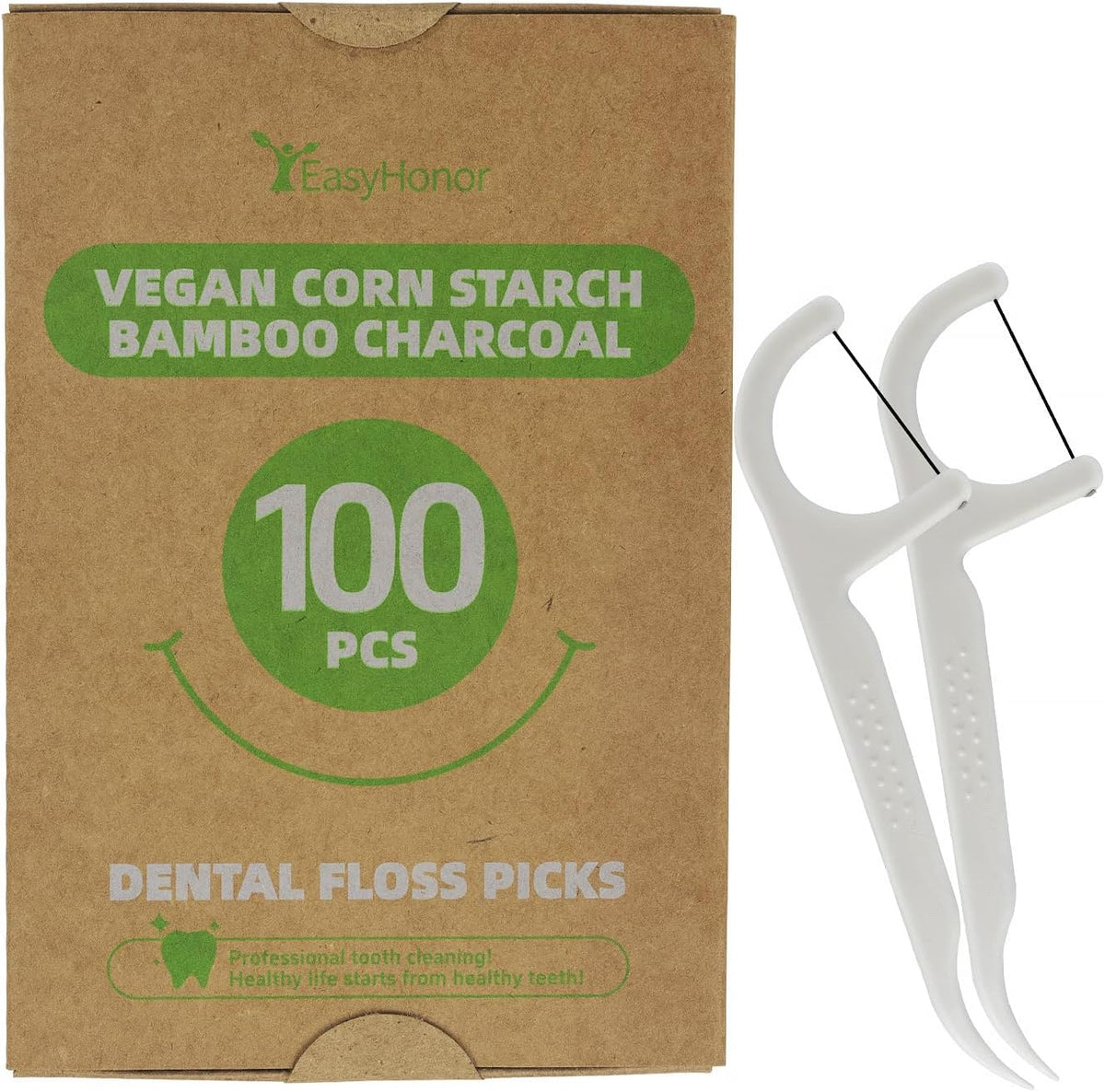 TXX EasyHonor organic dental floss picks front view packaging.
