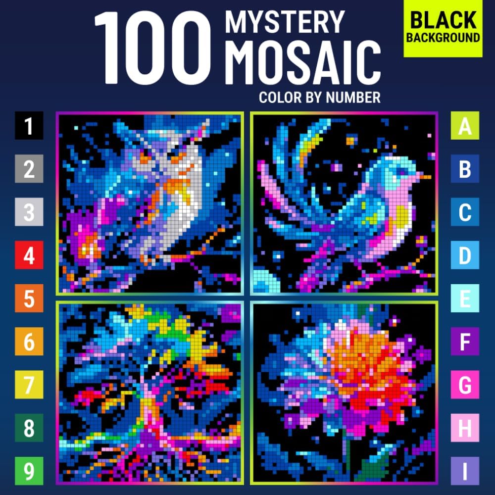 Mystery Mosaic Color by Number for Adults Colorful Quest: A Fun and Creative Coloring Book with Pixel Art Challenges to Reveal Hidden Images for Relaxation (Neon Art Collection) - Image 1