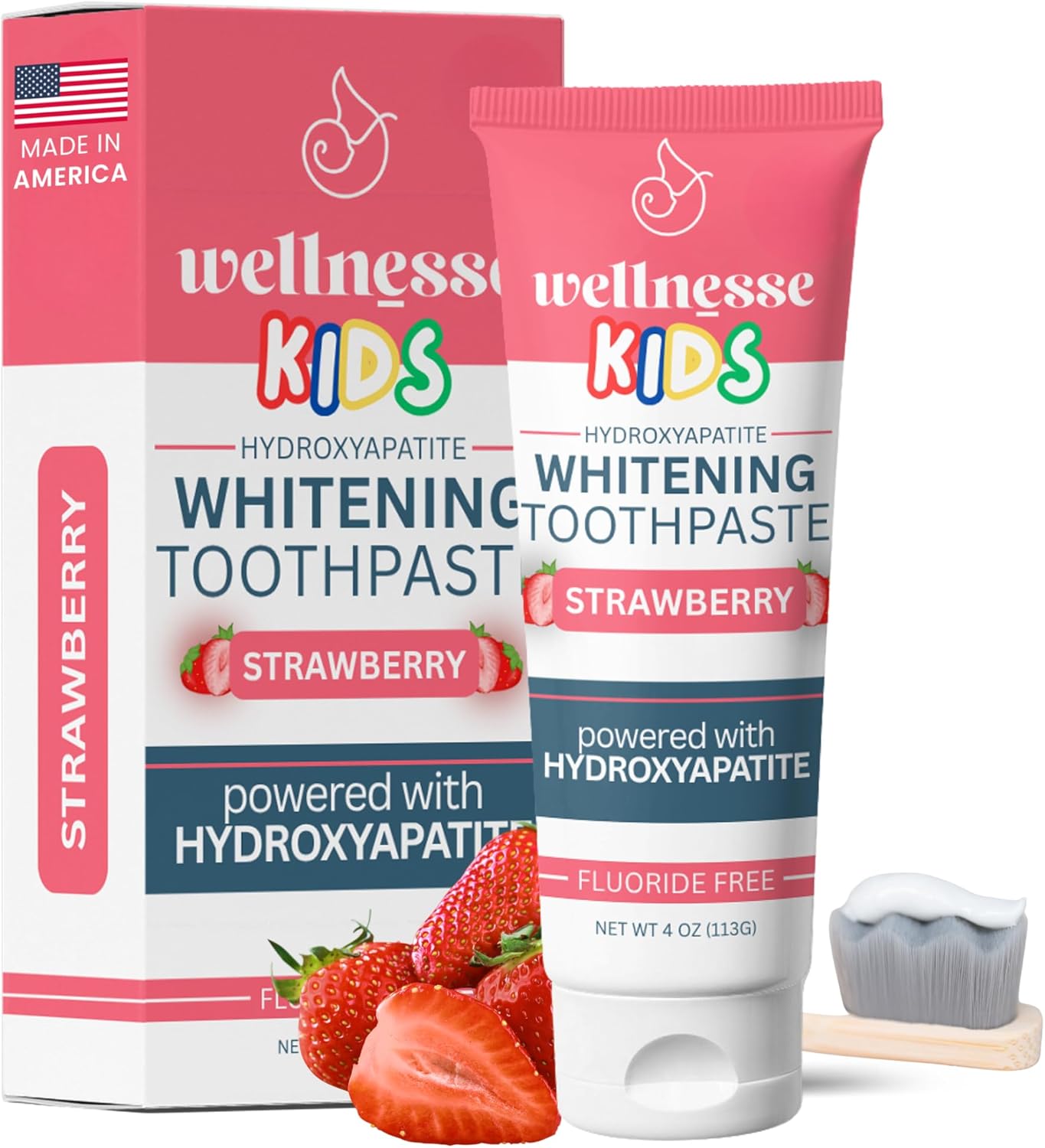 Wellnesse Kids Hydroxyapatite Toothpaste with Xylitol - Fluoride Free Toddler & Kid's Natural Toothpaste, Freshens Breath, Sensory-Friendly Oral Care, Vegan, Strawberry Flavor, 4 oz (Pack of 1) - Image 1