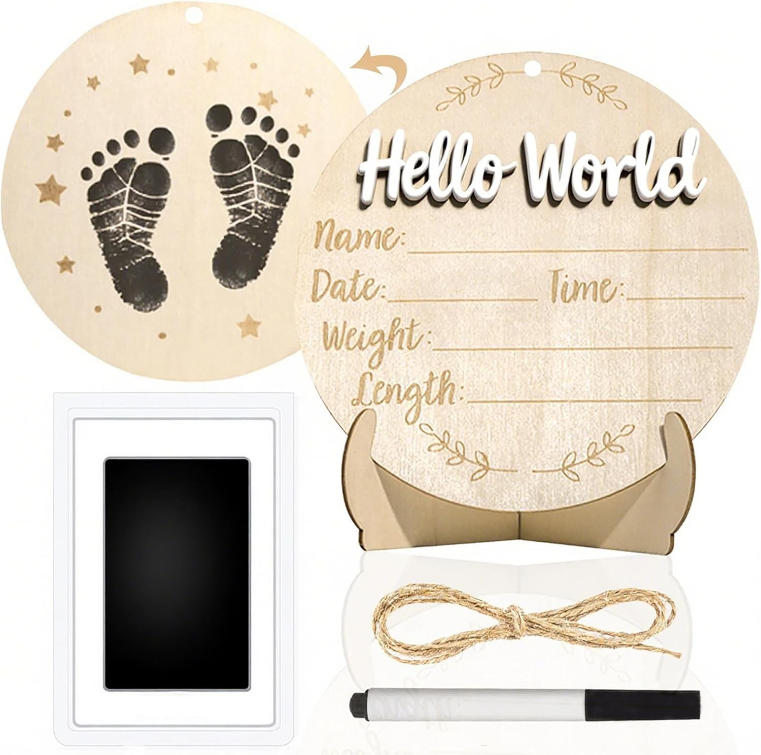 XCMVCN Baby Announcement Sign front view showing 3D Hello World text on round wooden board