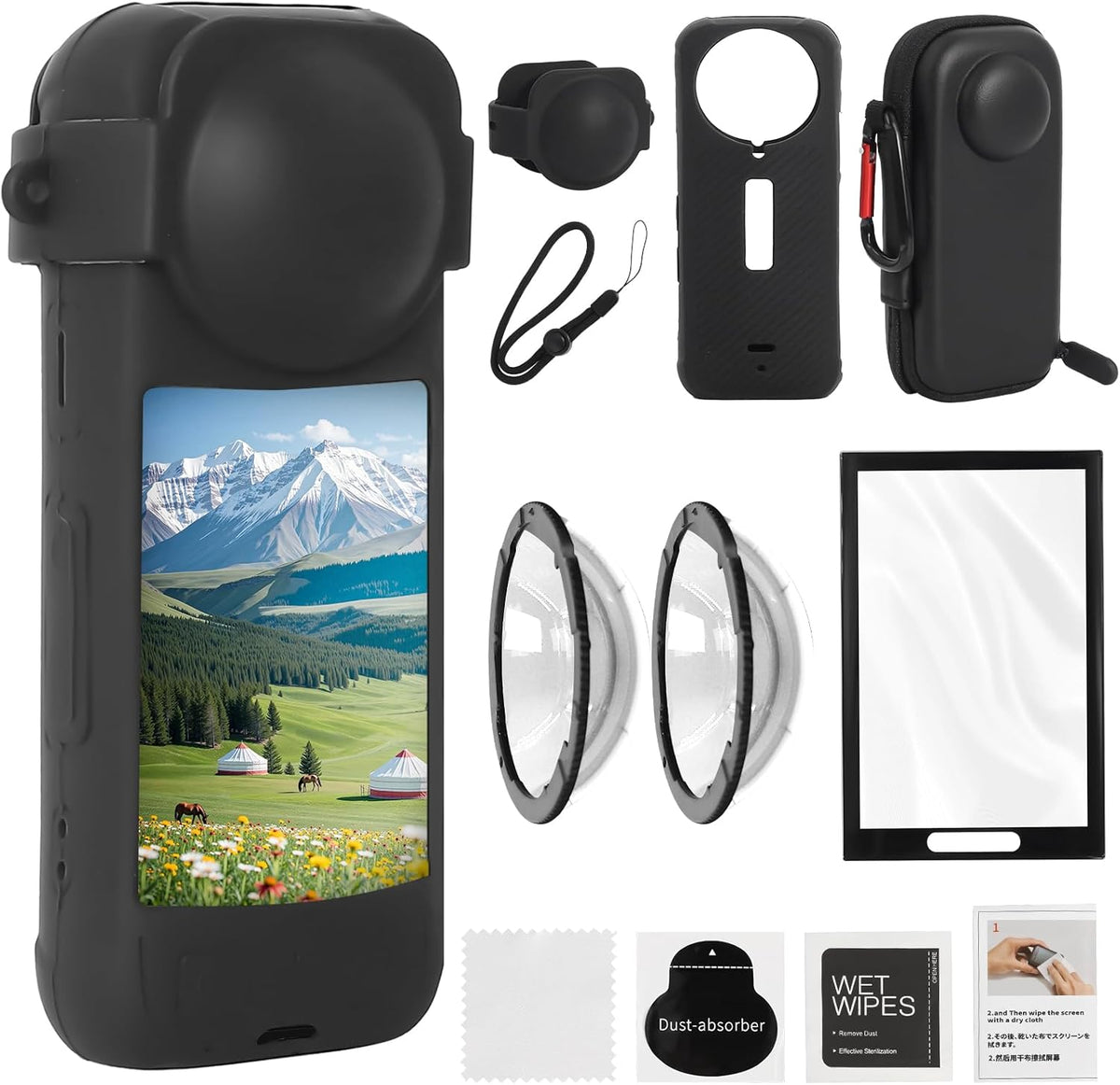 Design Info 6-in-1 camera accessory kit front view showing silicone case and screen protector