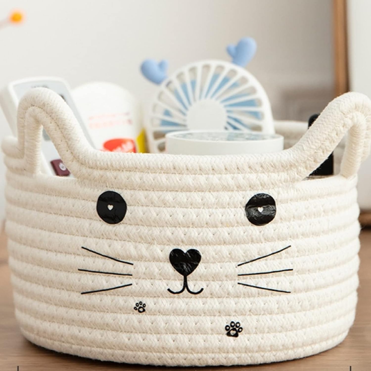 Zopeal cat basket storage woven organizer front view showing embroidered face details
